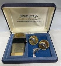 Vintage Scripto Vu Lighter Cuff Links Tie Clip Jewelry Set in Box Fishing Theme