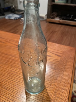 Vintage Blue Anchor Inn Trademark Aqua Glass Beer Soda Bottle 9 3/4'' Advertising