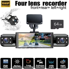  1080P 360° HD Dash Cam 4 Channel Driving Recorder Car Front+Rear Camera +64GB