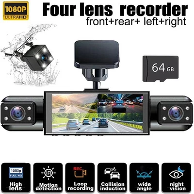 1080P 360° HD Dash Cam 4 Channel Driving Recorder Car Front+Rear Camera +64GB