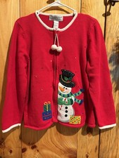 Vintage Tiara International Red Snowman Christmas Sweater Cardigan Zip XL READ