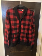Polo Ralph Lauren Buffalo Plaid 100 WOOL Shawl Collar Cardigan Sweater Mens L