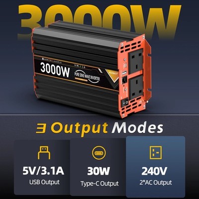 1500W 3000W reiner Sinus Wechselrichter 12V auf 240V Wandler LKW LCD Fernbedienung