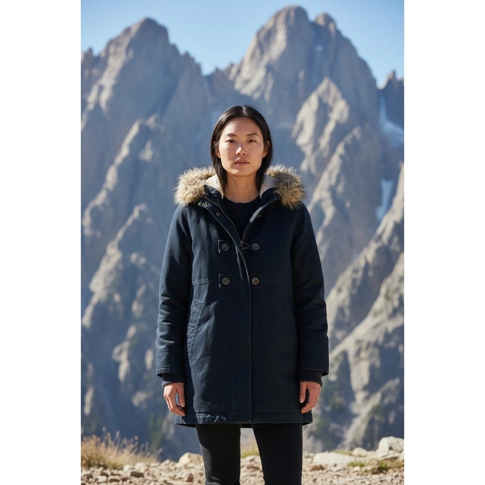 Banana Republic женщин двубортный пальто темно-синий размер маленький меховой капюшон - Изображение 2 из 4