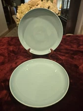 Pair 2 Sweese Porcelain 10" Round Dinner Plates, Aqua Blue, No Spill, Stackable