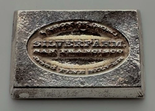Silverfarm, San Francisco, 1 Ounce 999 Fine Silver, Old Pour Bar, Excellent Cond