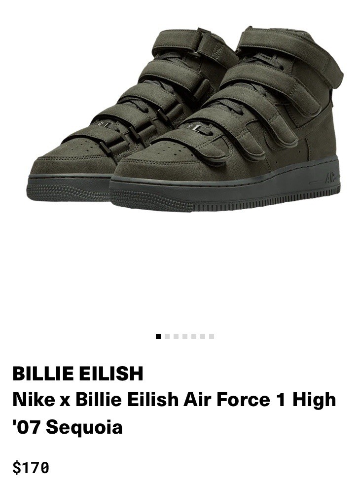 Nike Billie Eilish x Air Force 1 '07 SP High Sequoia Size 6