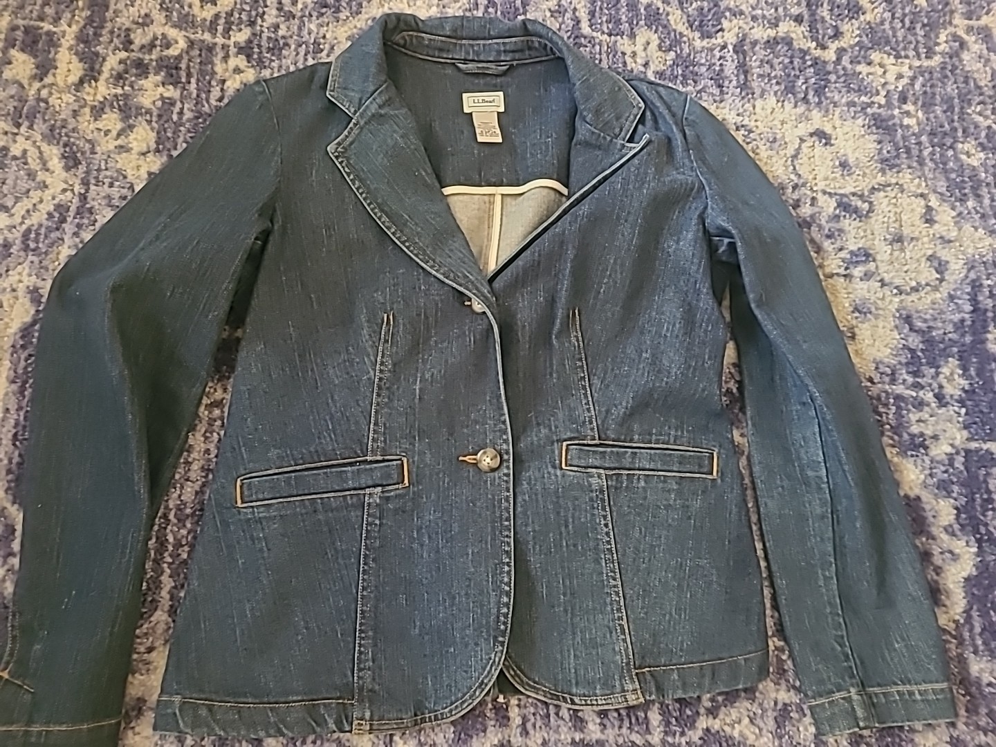 LL Bean Denim Blazer Jacket Blue Jean  Career Casual two button closure size 12