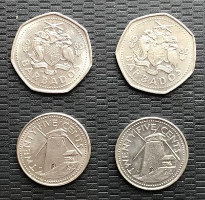 Barbados 4 Münzen .. 2 Dollars 1989   2 Twenty Five Cents 1980