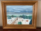 Vintage Folk Art Snowy Mountain Landscape Acrylic Painting Winter Farmhouse Barn