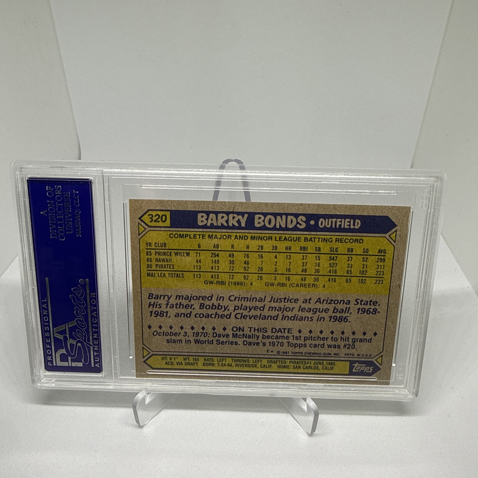 PSA 10 - 1987 Topps Barry Bonds #320 (RC) GEM MT view 3