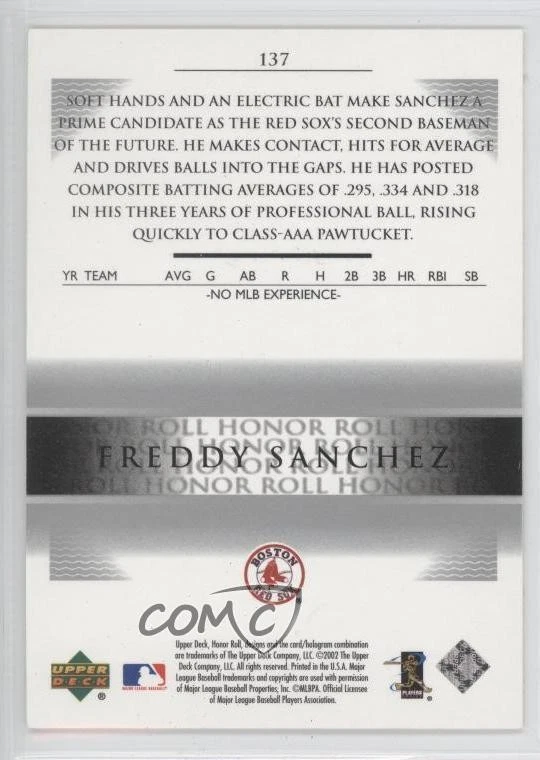 2002 Upper Deck Honor Roll UD Prospects Freddy Sanchez #137 Rookie RC - Image 2 of 2
