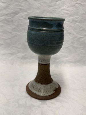 Handmade Studio Pottery Chalice Goblet Signed Stoneware Blue Glaze 8  Rustic #1
