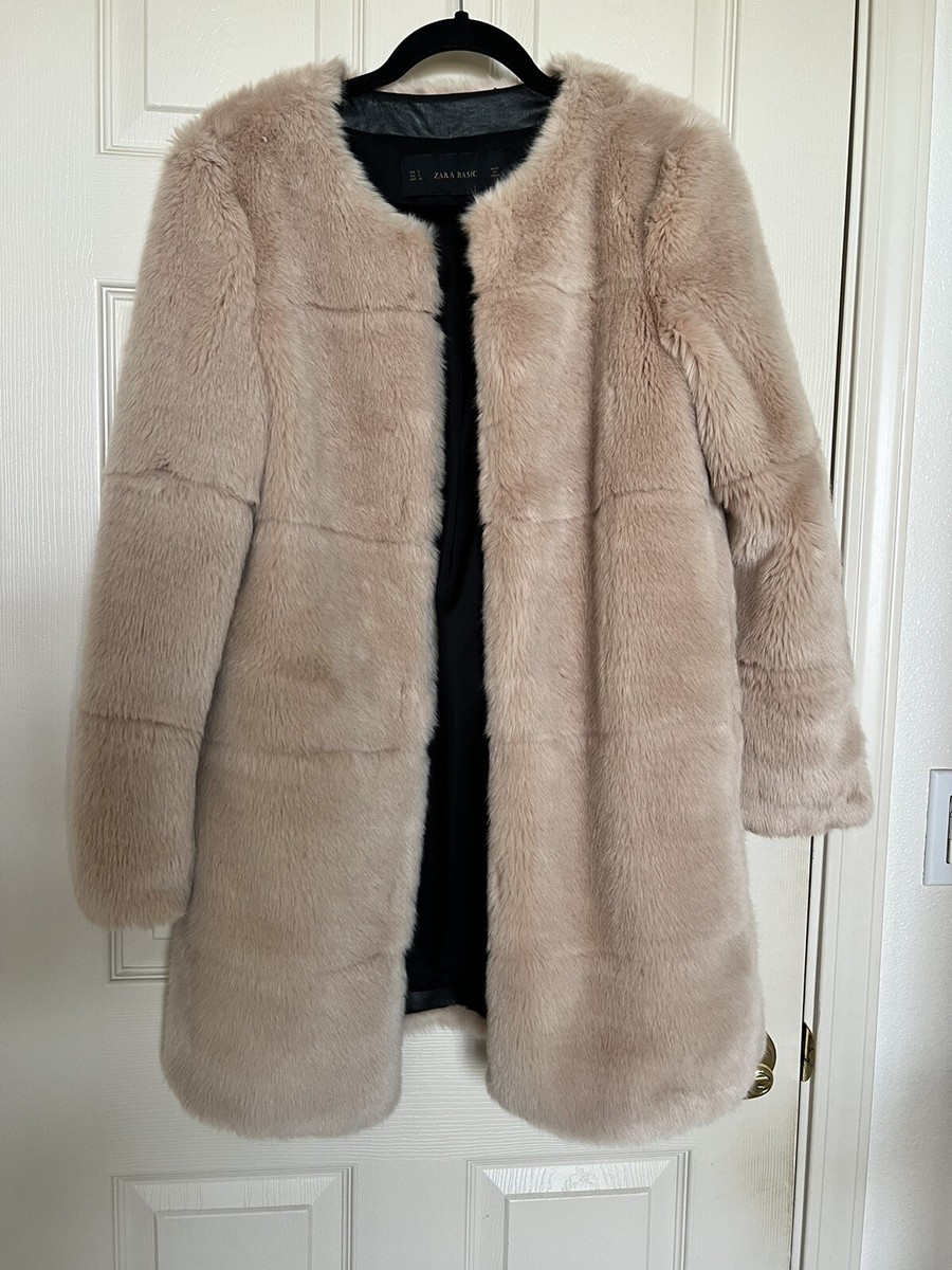 Zara Faux Fur Coat, Size S, Beige/Tan, Pre-owned