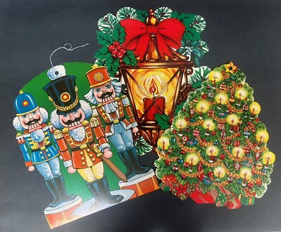 Vintage Die Cut Cardboard Christmas Decorations-Tree/Light/Nutcrackers -lot of 3