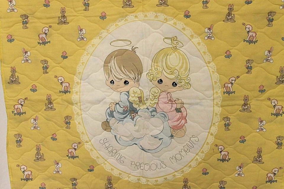 Edredón infantil hecho a mano PRECIOUS MOMENTS BUNNY PRINT 34 X 42 AMARILLO CLÁSICO DE COLECCIÓN Foto 3 de 4