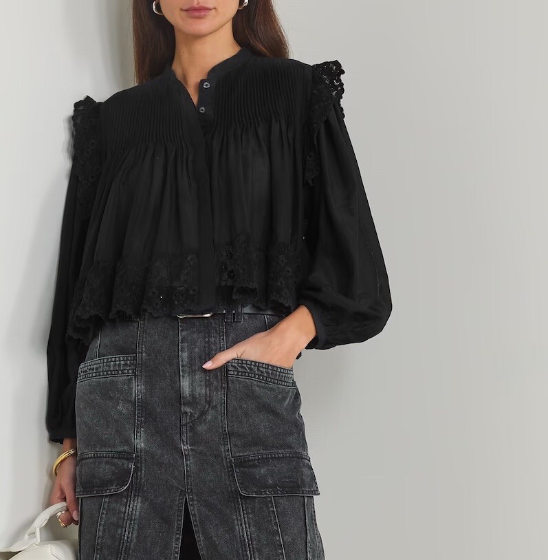 Isabel Marant Mikia silk blend voile blouse with lace trim in FR 34 XS