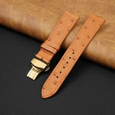 Tan Brown Real Ostrich Leather Watch Strap Quick Release Gold Deployment Buckle