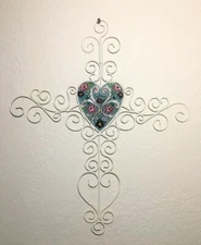 White Metal Twisted Rope Wall Hanging Art Cross w/Stained Glass Believe Heart