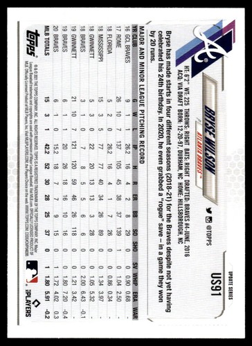 2021 Topps Update GOLD FOIL Bryse Wilson Atlanta Braves #US91 - Picture 2 of 2