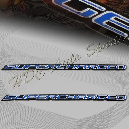 2 x Universal Blue Supercharged Aluminum Adhesive Sticker Decal Emblem Badge