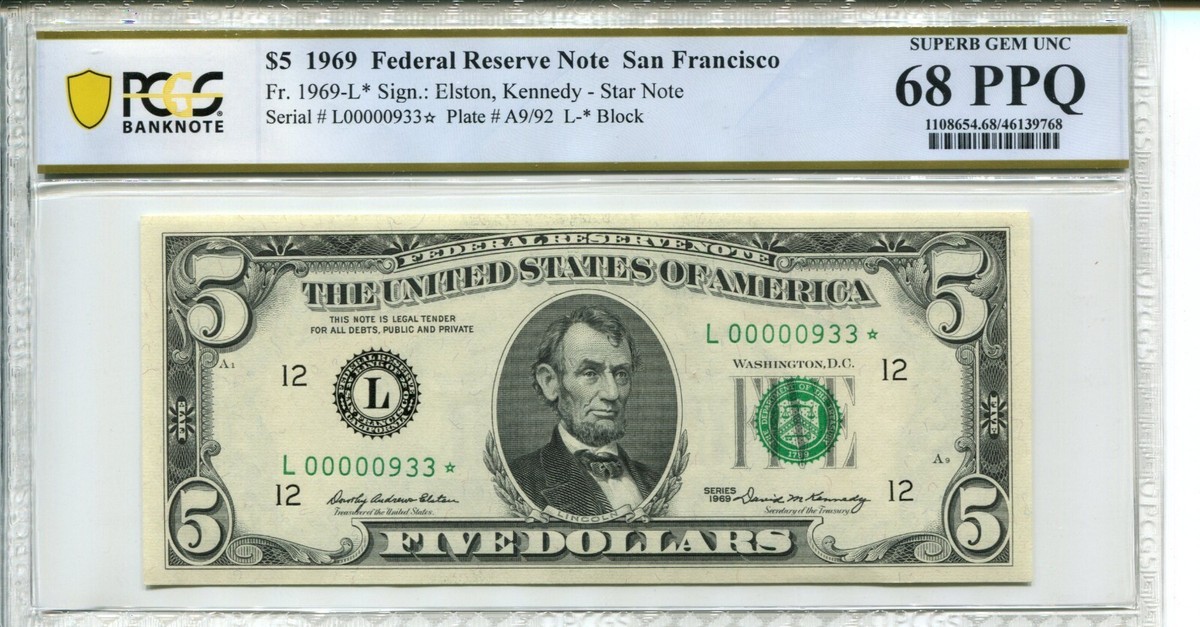 FR 1969-L* STAR 1969 $5 FEDERAL RESERVE NOTE 68 PPQ SUPERB GEM