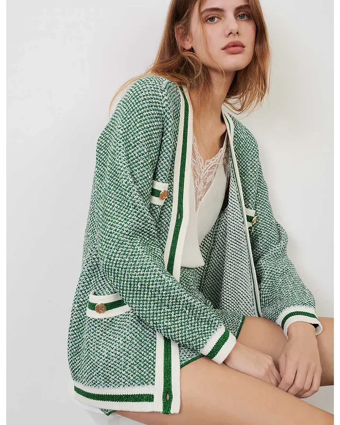 AUTH Maje V Neck Knit Metallic Threaded Lady Cardigan Top Green Suits Short Pan