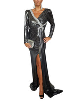Metallic Silver Long Sleeve Gown with Rhinestone Detailing Evening Dress Size M