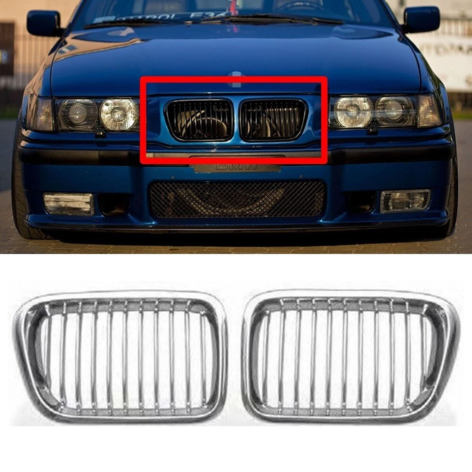 Fits 1997-1998 BMW 3-Series 318i 323i E36 LCI Front Grille Grill Chrome + Silver Foto 2 de 4