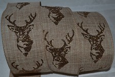 Wired Ribbon Woven Tan Christmas Gold Sparkle Buck Holiday Deer 2.5" Splice Bow