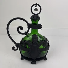 Vintage Metal Encased Wine Bottle w/ Iron Handle Green Glass Ornate With Cork