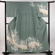 JAPANESE KIMONO HOMONGI GREY-GREEN 157cm 5 ft 2 in PURE SILK BB8322