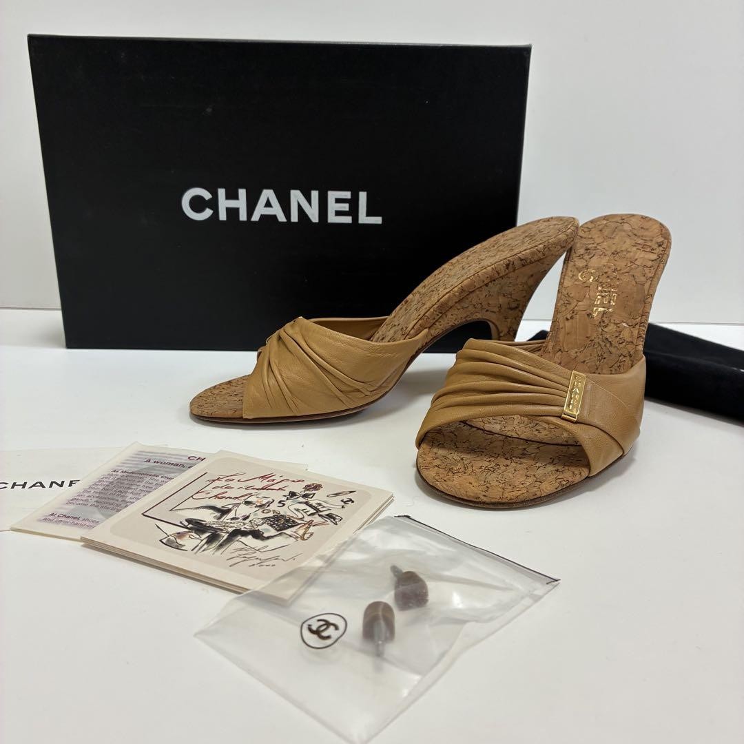 Chanel Beige Leather Logo Cork Sole Sandals Size 36 US Womens