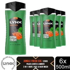 Lynx Jungle Fresh Mens Shower Gel 500ml 6 Pk 12H Fresh 3in1 Face Hair Body Wash 7.00 per litre