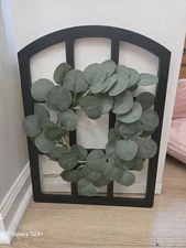 Eucalyptus wreath on an arched window frame 18 1/2 X 13 Inch. Boho Farmhouse