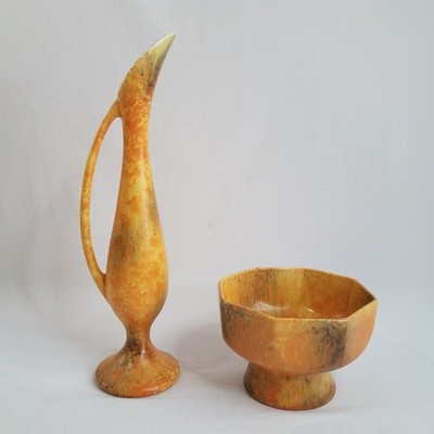 Vintage Royal Haeger Pottery Set Yellow Orange 14'' Ewer Pitcher Octagon Bowl