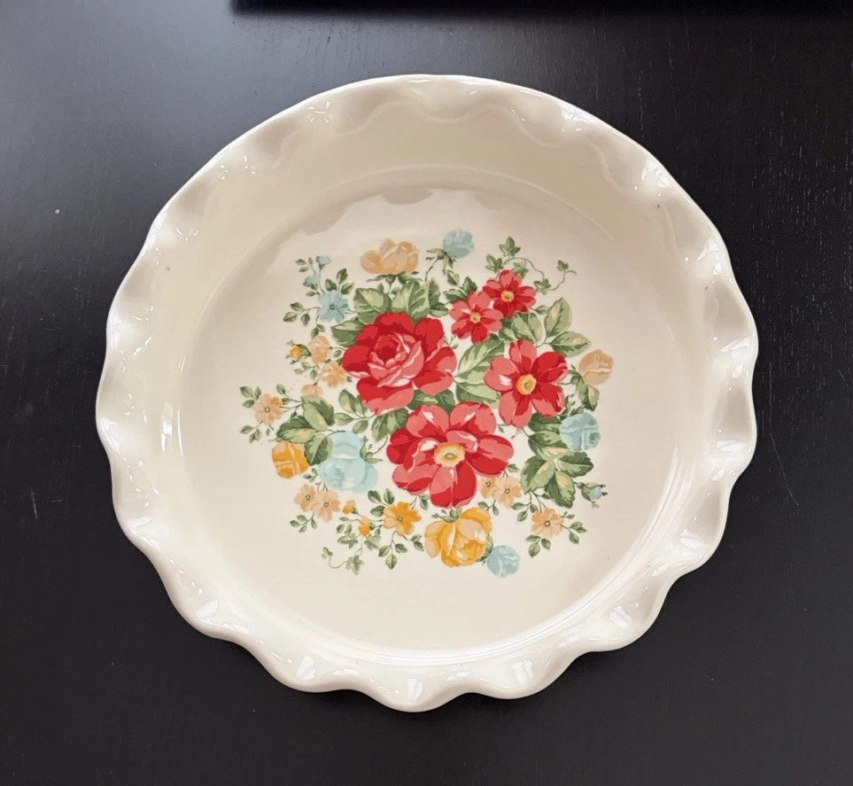 Pioneer Woman Stoneware Pie Plate Heritage Floral Pattern 9 Inch Fluted Red Edge