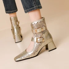 Womens Square Toe Hollow Out Buckle Sandals Mid Block Heel Ankle Boots Summer Sz