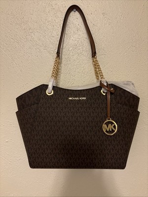 NWT Michael Kors Purse jet set travel large chain tote shoulder bag brown $398