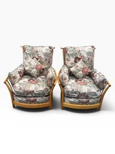 Pair Of Ercol Renaissance Arm Chairs High Back Floral Light Finish