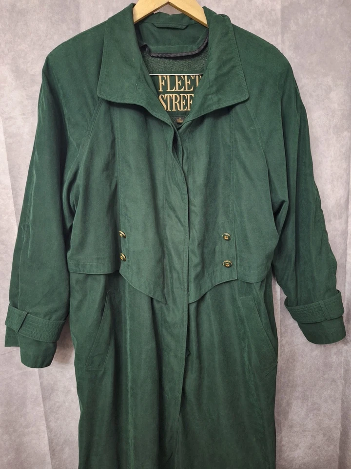 Vtg Fleet Street Trench Coat Women Sz 14 Green Full Length Jacket Lined Pockets - Image 3 of 4