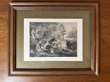 „Die Wildschweinjagd“ – gerahmter Jagdstich / Druck, Vintage Holzrahmen