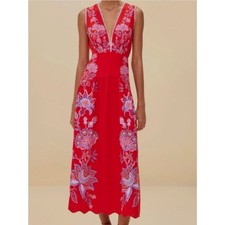 Farm Rio Porcelain Garden Red Purple Sleeveless Deep V Linen Maxi Dress XS
