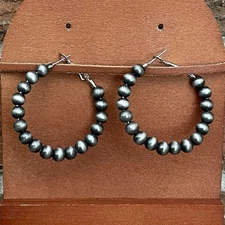 New 1.5 inch Faux Navajo Style Pearl Hoop Earrings Western Cowgirl Boho Silver