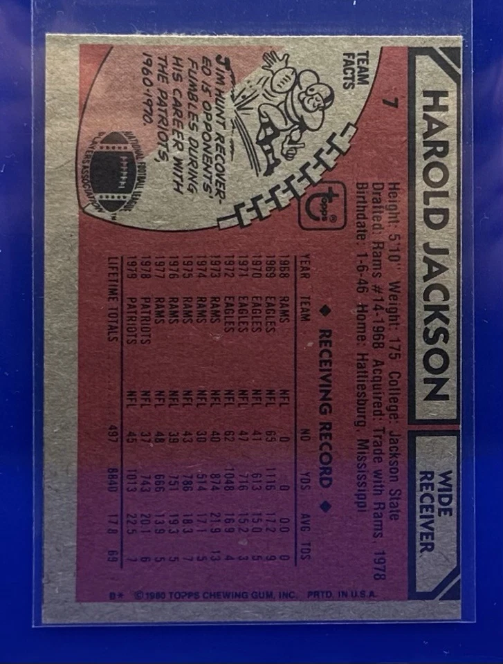 Harold Jackson 1980 Topps #7 New England Patriots Football Card - Image 2 of 2