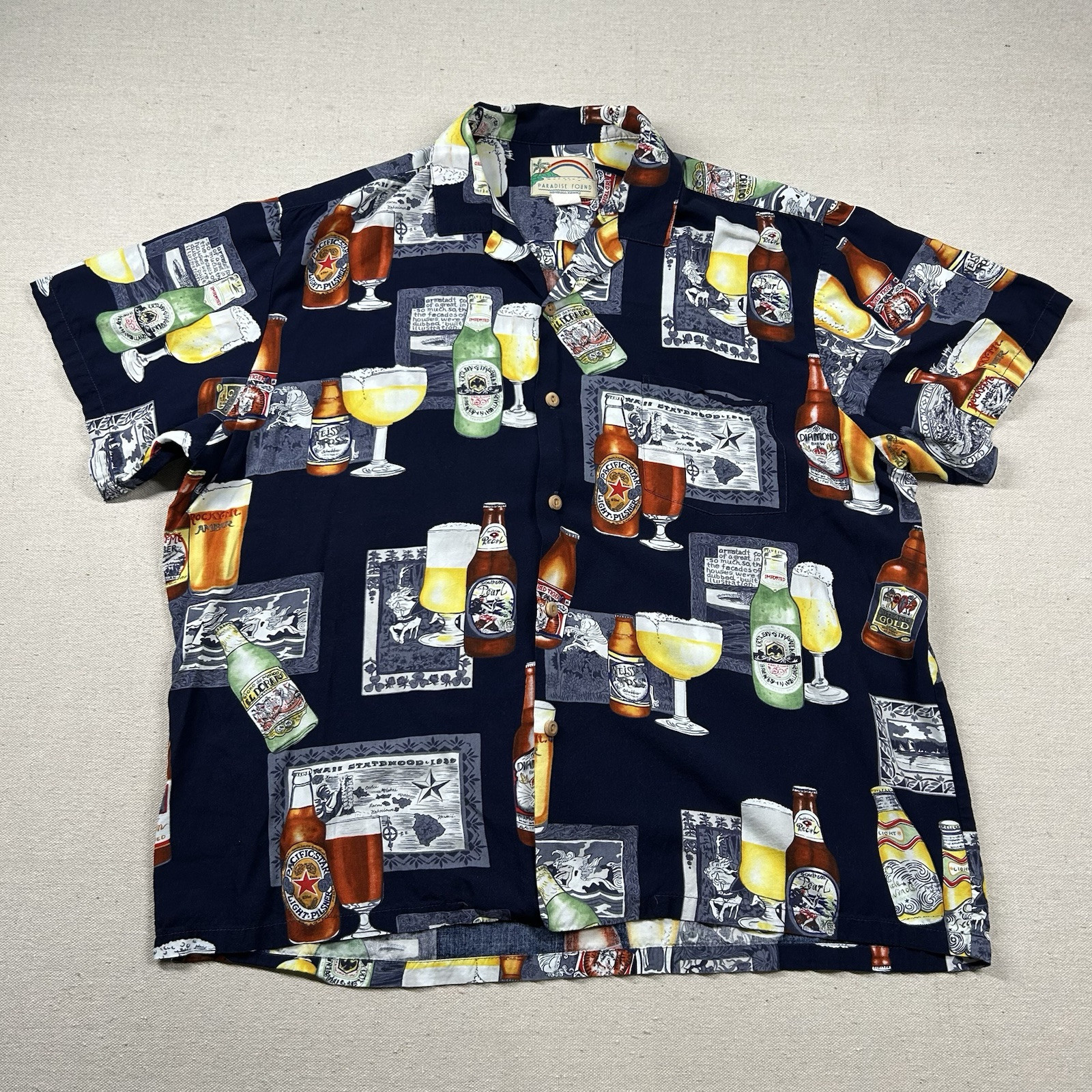 Vintage Paradise Found Shirt Mens XL Hawaiian Aloha Beer Drinking Alcohol Tropic