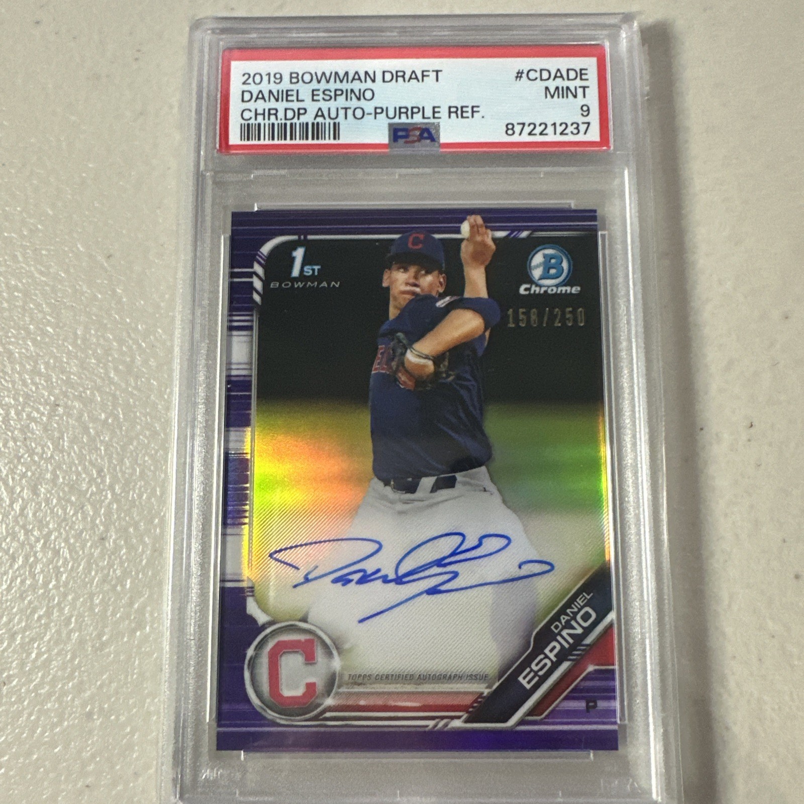 2019 Bowman Chrome Daniel Espino Purple Refractor Auto 158/250 1st PSA 9