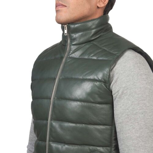 Men's Puffer Leather Vest Bomber Real Sheepskin Winter Padded Quilted Waistcoat - Picture 5 of 6