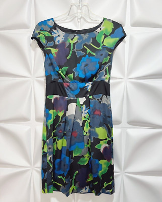 Mac & Jac Sz S Black Blue Floral Print Spring Easter Silky Pleated Dress Summer
