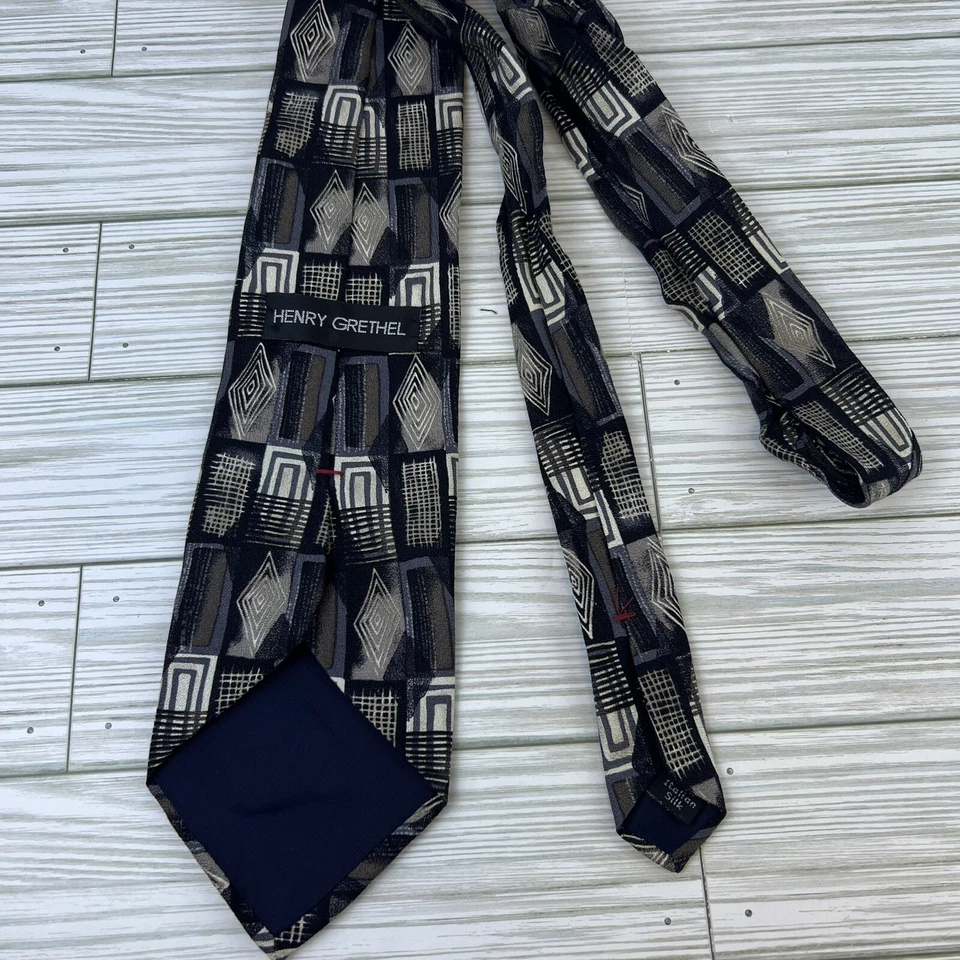 Corbata Henry Grethel 100 % seda italiana para hombre gris negro marfil patrón geométrico Foto 4 de 4